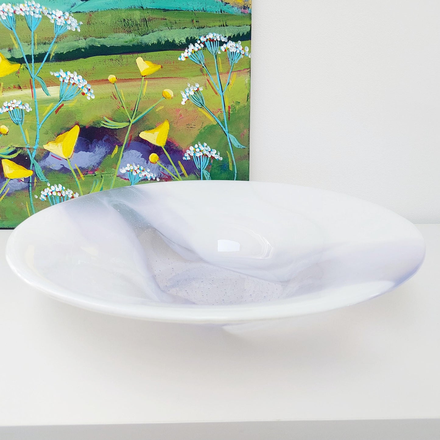 Large Lilac Glass Art Bowl, Handmade White Kiln Formed Bowl with a Light Purple Cascade, Contemporary Fruit Bowl, Artisanal Wedding Gift