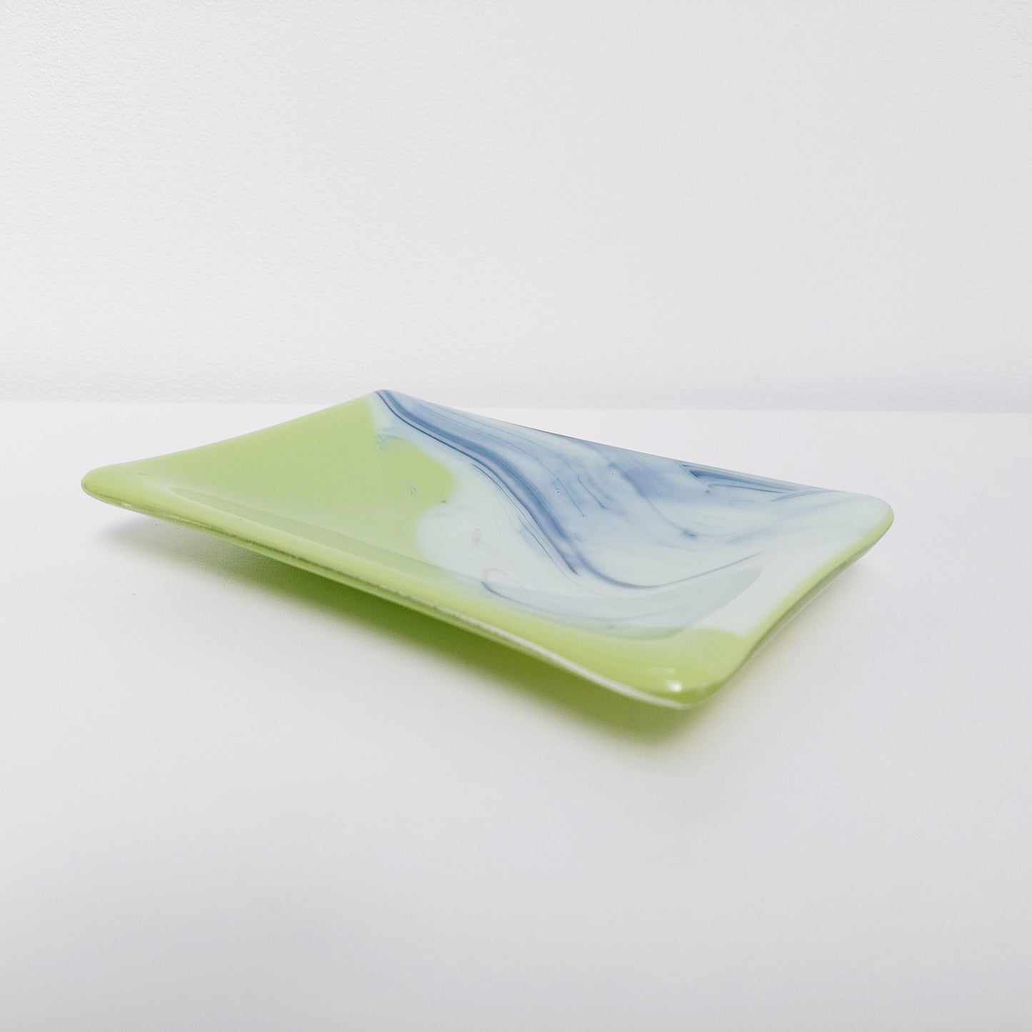 Lime Graffiti Glass Trinket Dish, Handcrafted Green Fused Glass Art Dish with an Abstract Royal Blue and White Design, Lime Green Décor