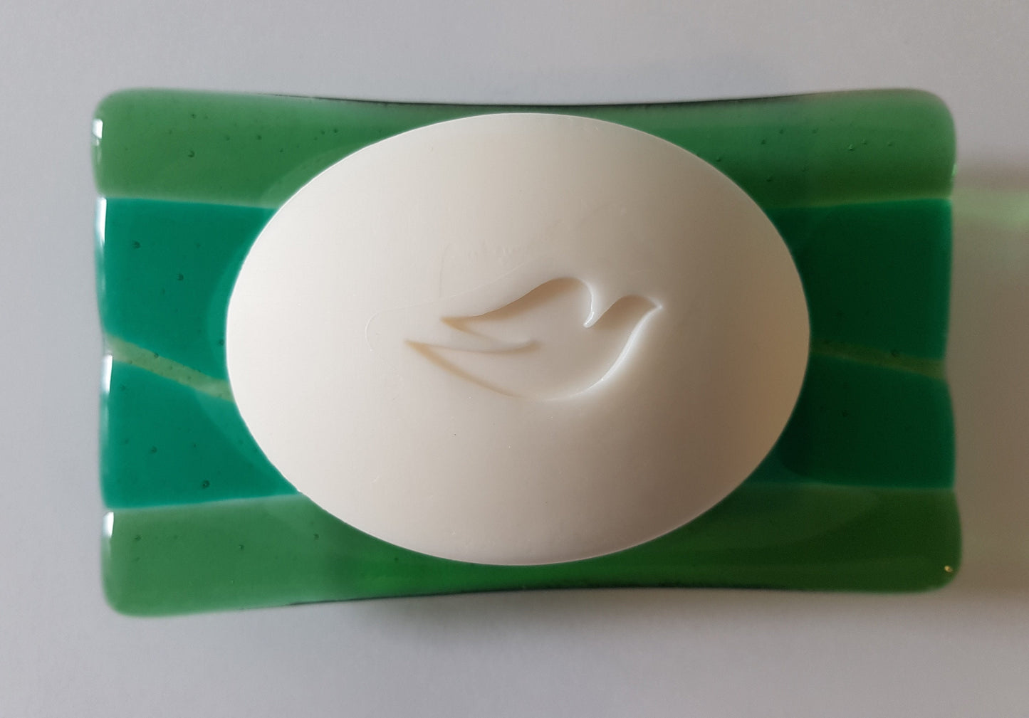 Green Glass Art Soap Dish, Handmade Emerald and Light Green Soap Tray