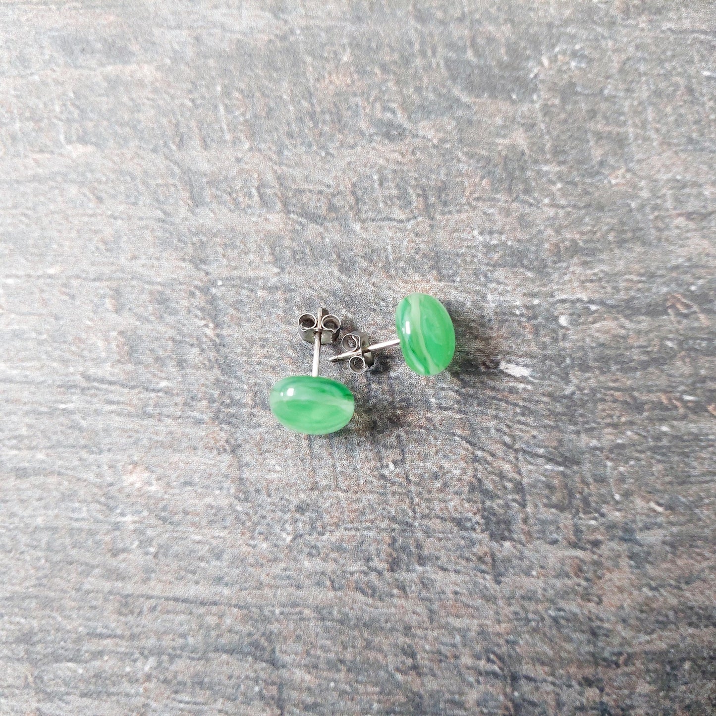 Spring Green Fused Glass Studs, Artisanal Light Green Glass Stud Earrings with Sterling Silver Posts and Butterflies, Unusual Green Earrings