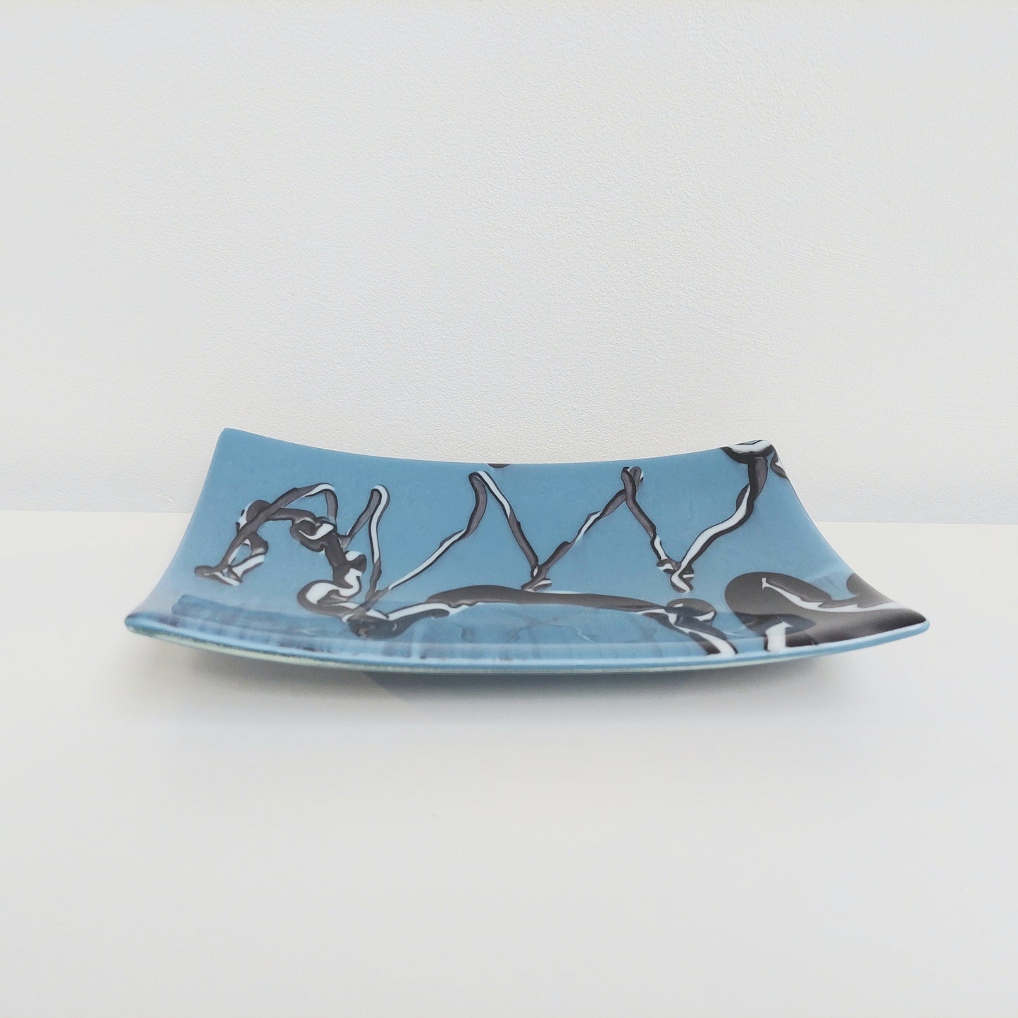 Graffiti Glass Art Plate, Unusual Handcrafted Slate Blue Fused Glass Plate with Black and White Abstract Design, Coffee Table Centrepiece