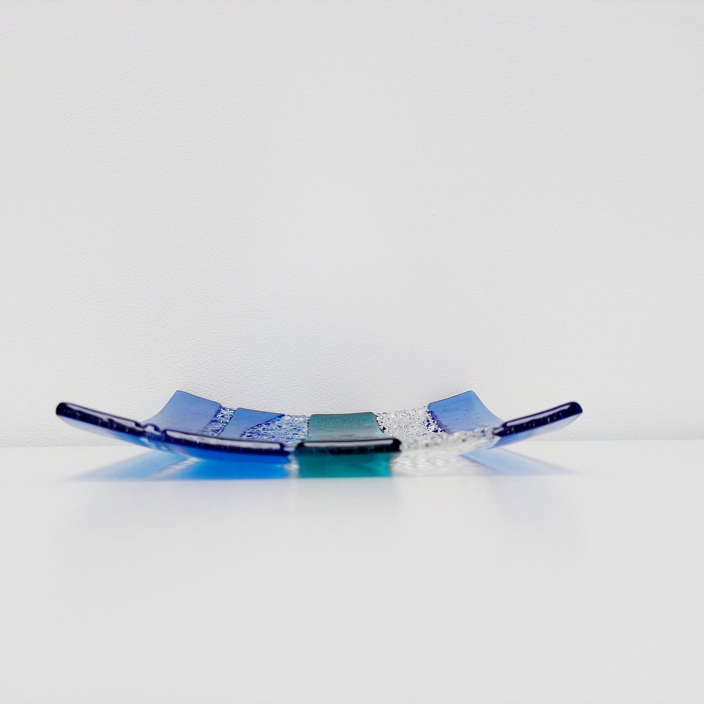 Artisan Teal and Blue Plate, Handmade Textured Fused Glass Art Plate, Teal and Iridescent Sky Blue Decorative Tray, Coffee Table Centrepiece