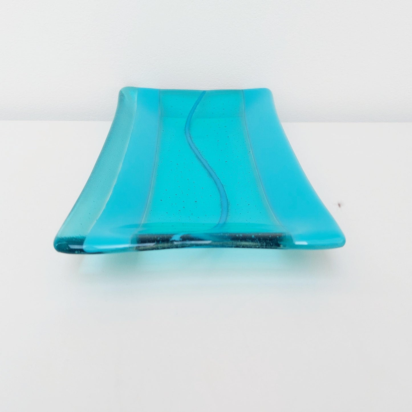 Aqua and Turquoise Glass Art Plate, Handmade Fused Glass Rectangular Platter, Contemporary Artisanal Coffee Table Trinket Dish, Aqua Décor
