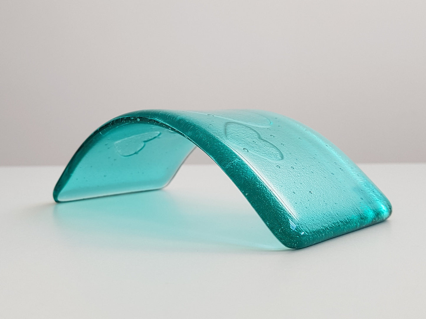 Aqua Glass Heart Ornament, Handmade Fused Glass Curve