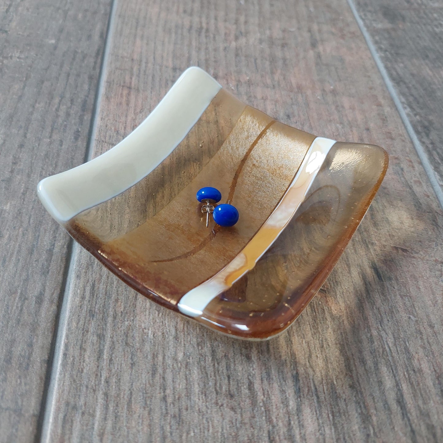 Gold and Cream Trinket Dish, Handmade Fused Glass Art Jewellery Bowl, Small Artisan Bedside Table Dish, Gold Bedroom Décor, Unusual Key Bowl