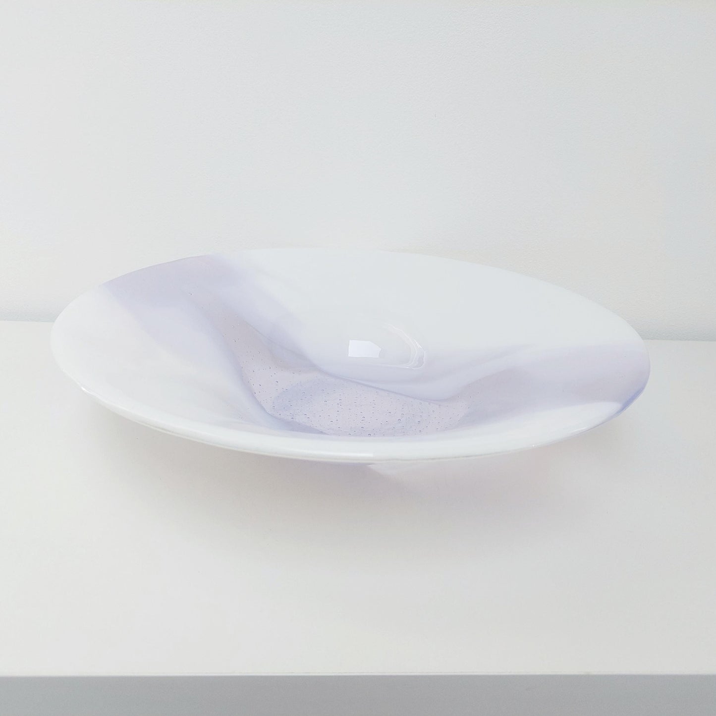 Large Lilac Glass Art Bowl, Handmade White Kiln Formed Bowl with a Light Purple Cascade, Contemporary Fruit Bowl, Artisanal Wedding Gift