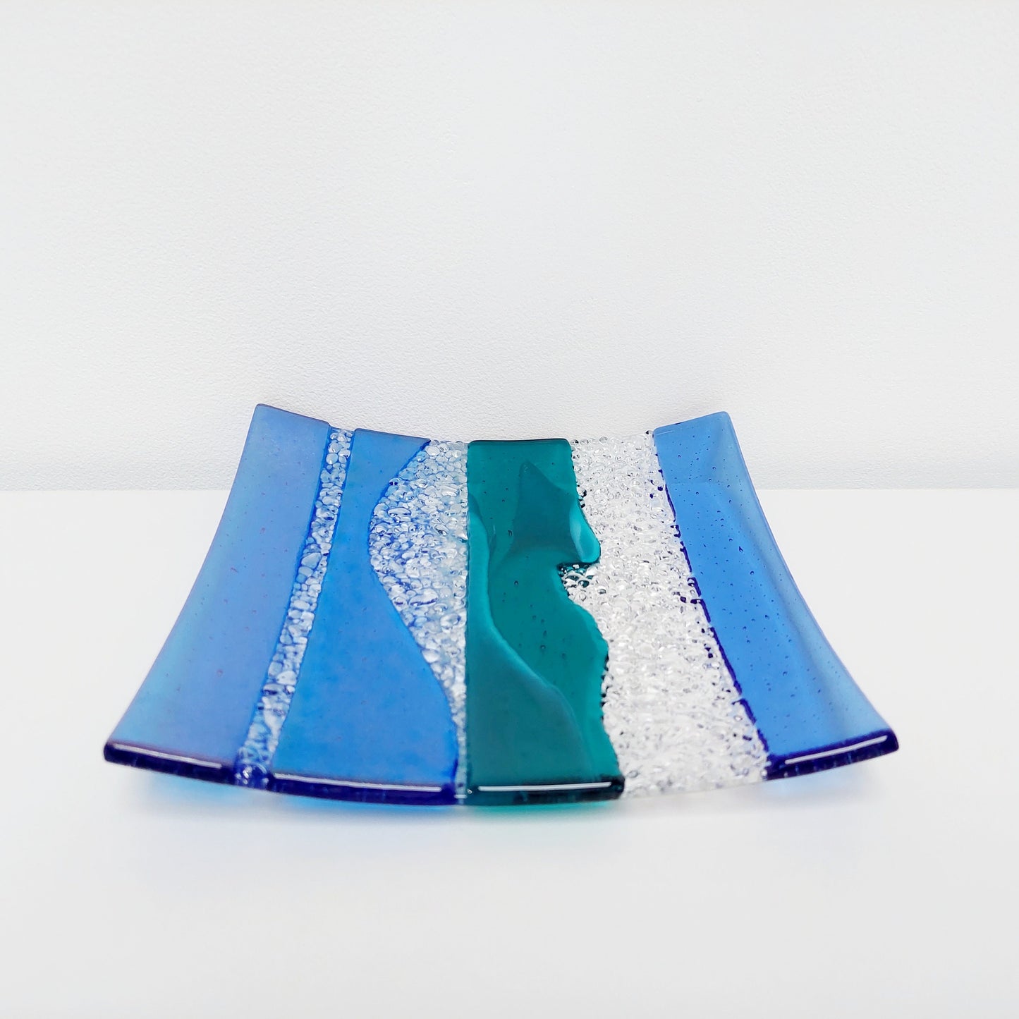 Artisan Teal and Blue Plate, Handmade Textured Fused Glass Art Plate, Teal and Iridescent Sky Blue Decorative Tray, Coffee Table Centrepiece