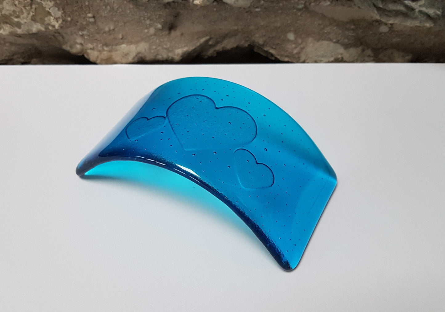 Turquoise Glass Heart Curve, Handmade Blue Glass Art Ornament with a Trio of Kiln Carved Hearts, Blue Decor, Love in the Lakes Collection