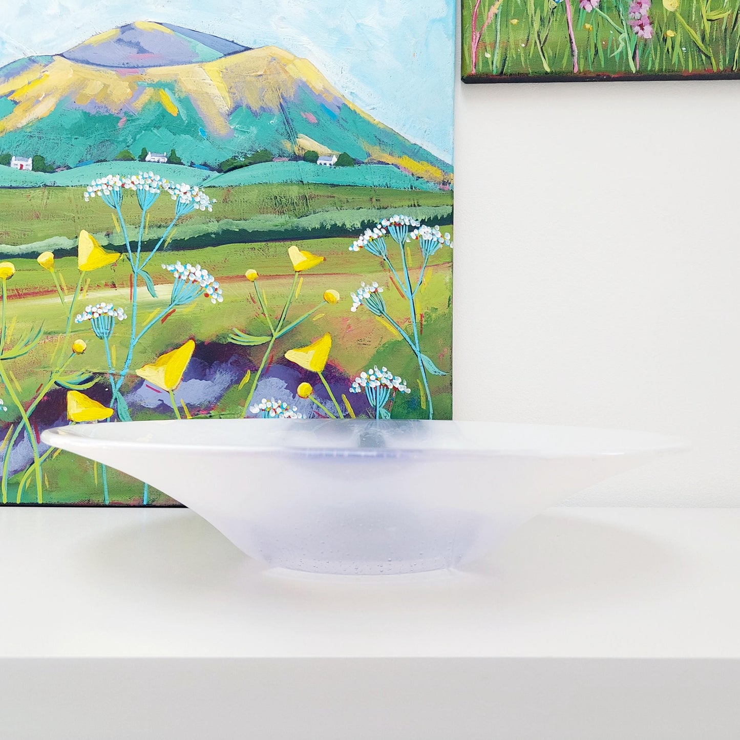 Large Lilac Glass Art Bowl, Handmade White Kiln Formed Bowl with a Light Purple Cascade, Contemporary Fruit Bowl, Artisanal Wedding Gift