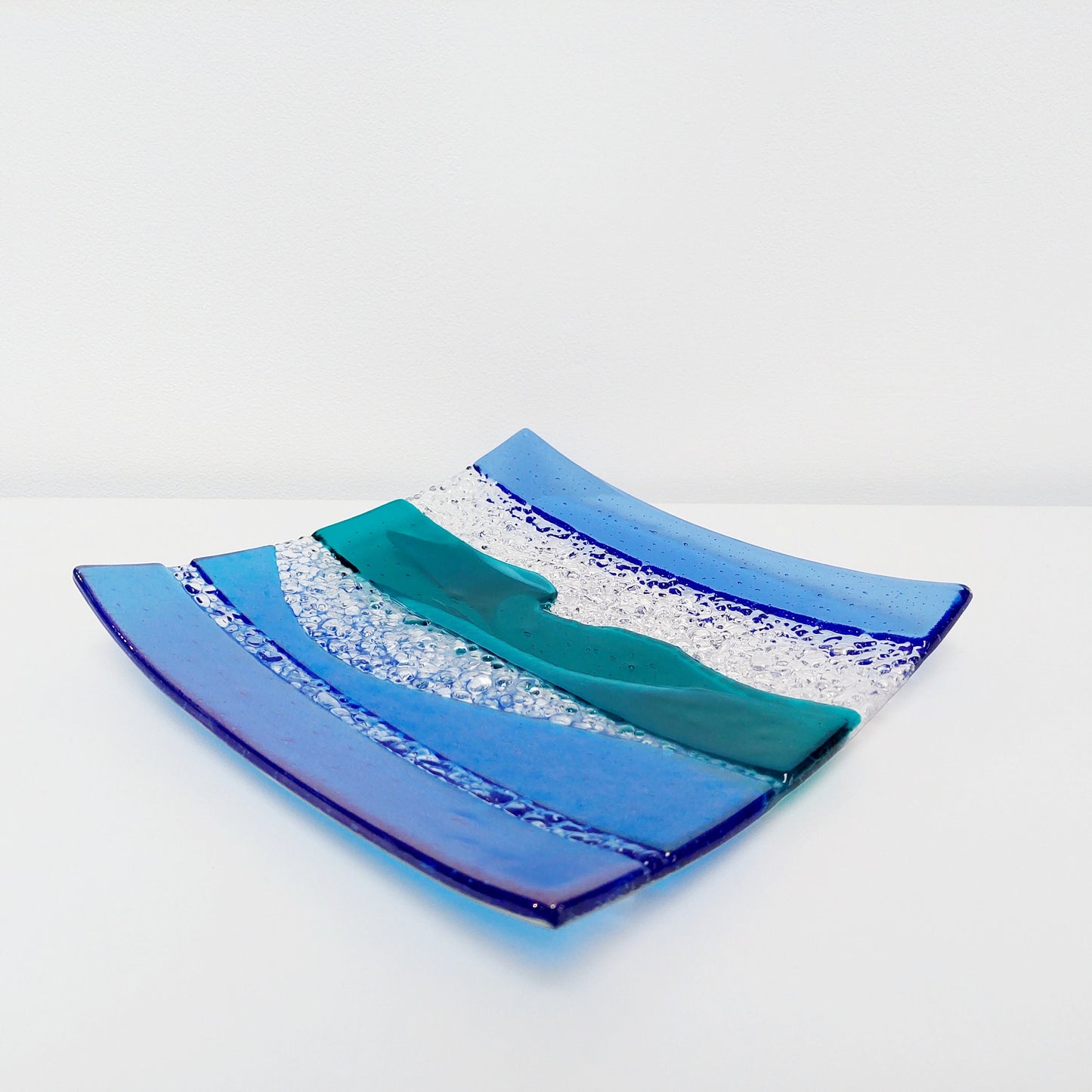 Artisan Teal and Blue Plate, Handmade Textured Fused Glass Art Plate, Teal and Iridescent Sky Blue Decorative Tray, Coffee Table Centrepiece