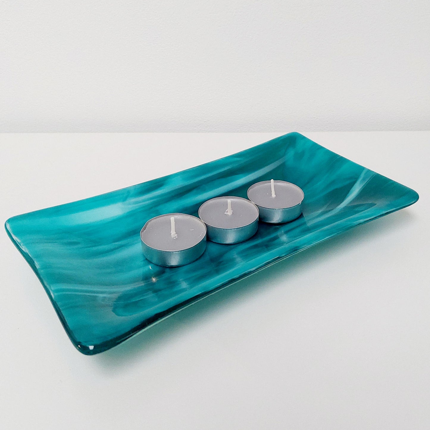 Handmade Teal Fused Glass Platter, Coffee Table Trinket Dish