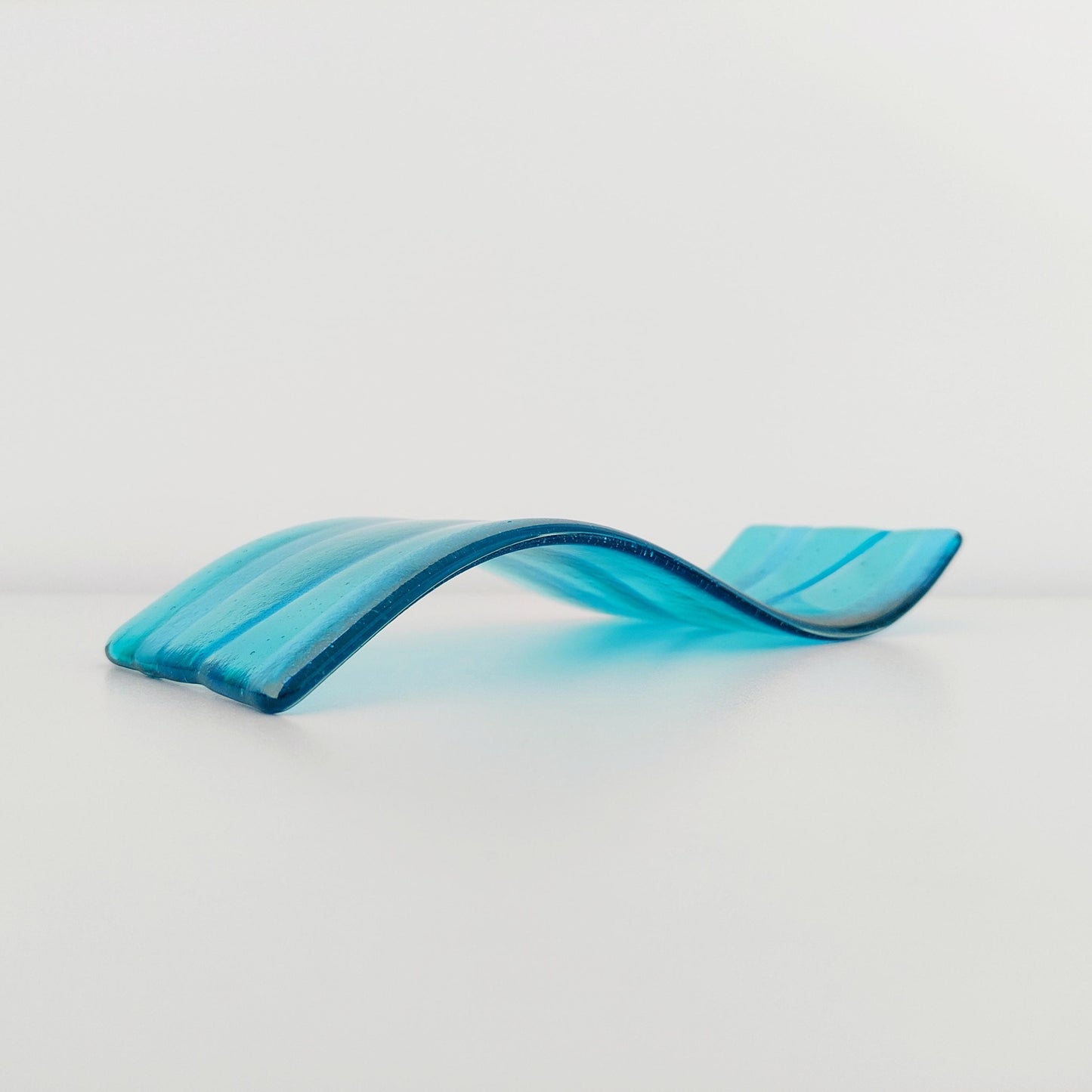 Aqua and Turquoise Glass Wave, Handcrafted Minimalist Fused Glass Art Ornament, Unusual Bathroom Shelf Ornament, Turquoise Bathroom Décor