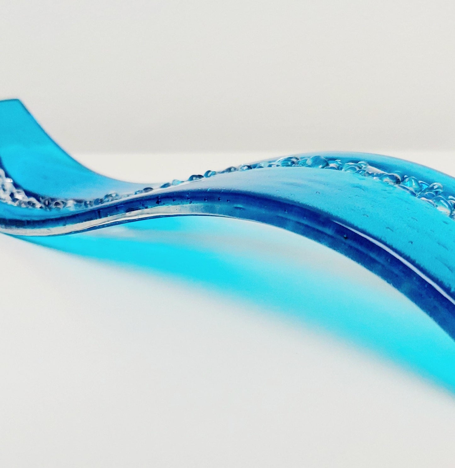 Abstract Turquoise Glass Art Wave, Handmade Turquoise and Crystal Clear Fused Glass Ornament, Minimalist Turquoise Décor, Beach House Décor