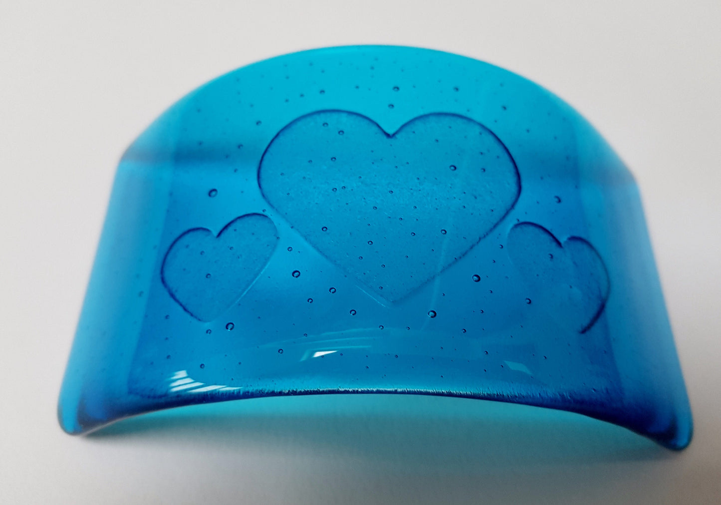 Turquoise Glass Heart Curve, Handmade Blue Glass Art Ornament with a Trio of Kiln Carved Hearts, Blue Decor, Love in the Lakes Collection