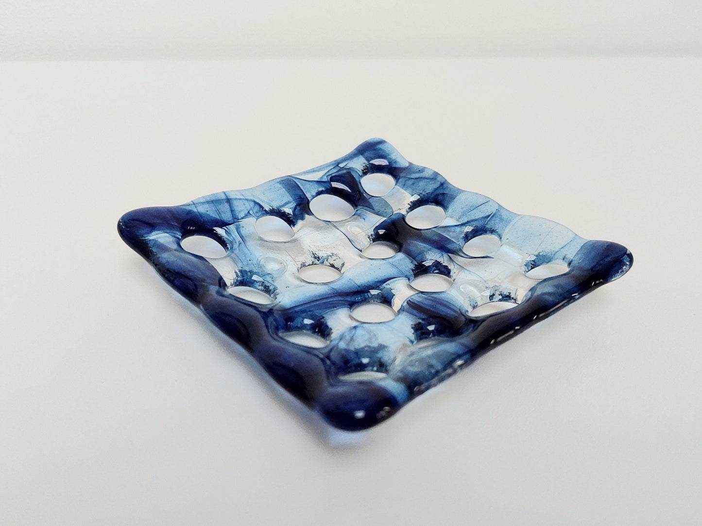 Coniston Water Glass Art Soap Dish with Holes, Handcrafted Dark Aventurine Blue and Crystal Clear Fused Glass Soap Tray, Blue Bathroom Décor