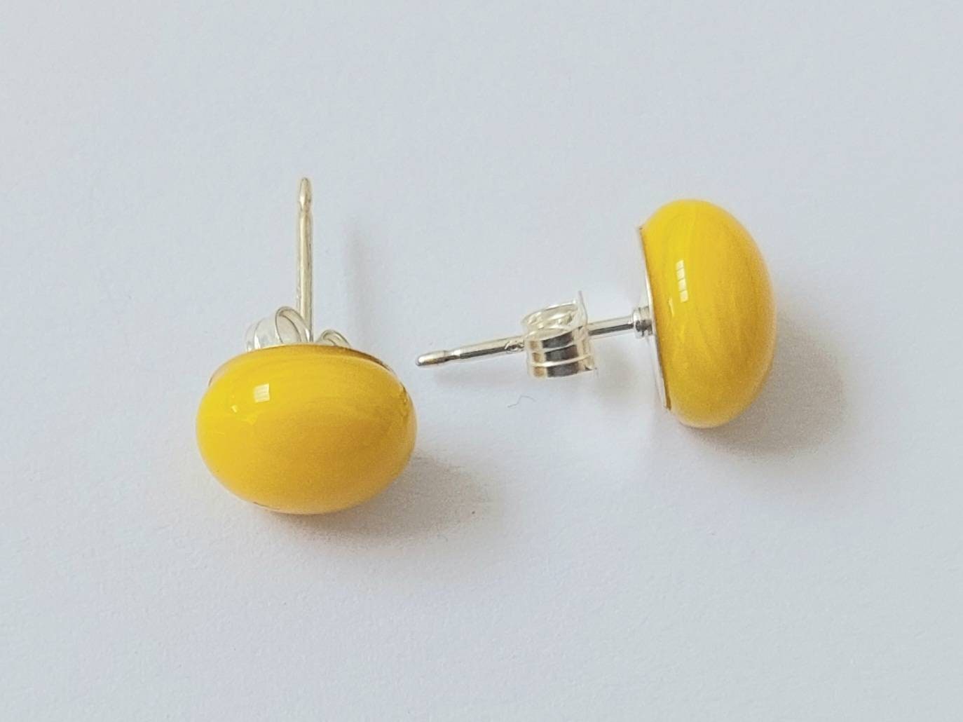 Sunshine Yellow Glass Stud Earrings with Sterling Silver Posts and Butterfly Closures, Small Fused Glass Studs, Vibrant Yellow Earrings
