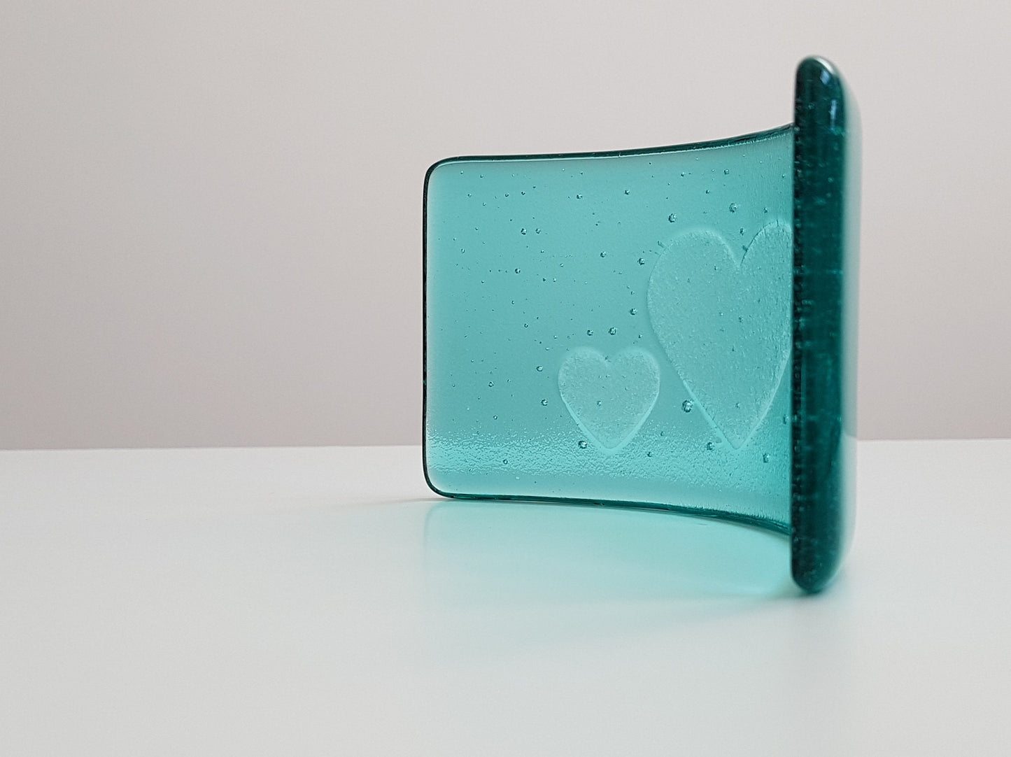Aqua Glass Heart Ornament, Handmade Fused Glass Curve