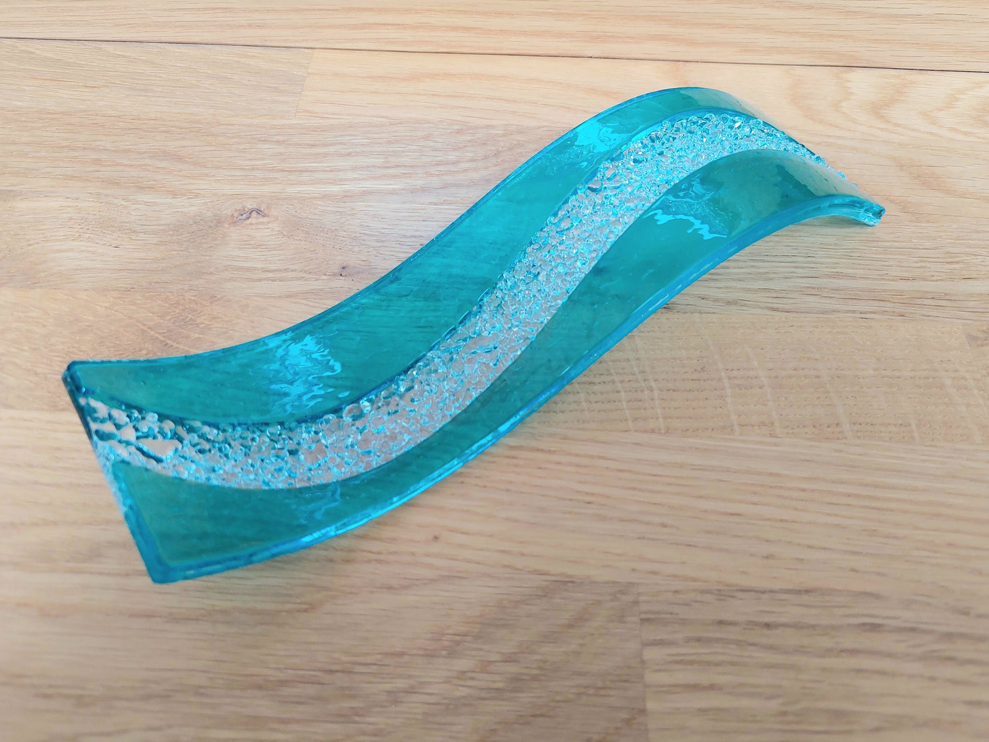 Abstract Aqua Glass Art Wave, Handmade Sea Green Fused Glass Ornament, Minimalist Freestanding Suncatcher, Contemporary Aqua Bathroom Décor
