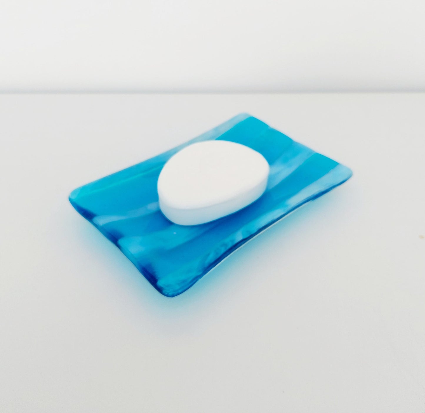 Winter in the Lakes Glass Art Trinket Dish, Contemporary Turquoise and White Fused Glass Coffee Table Plate, Turquoise Living Room Décor