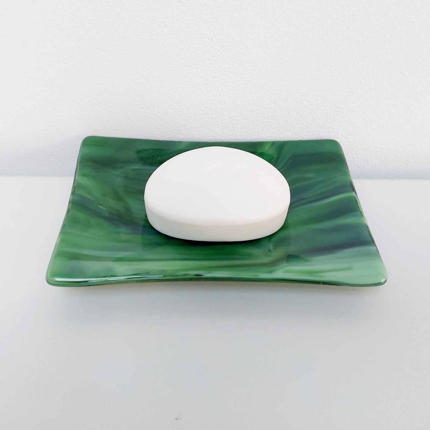 Spring in Grizedale Trinket Dish, Handcrafted Moss and Forest Green Fused Glass Art Coffee Table Plate, Natural Green Living Room Décor