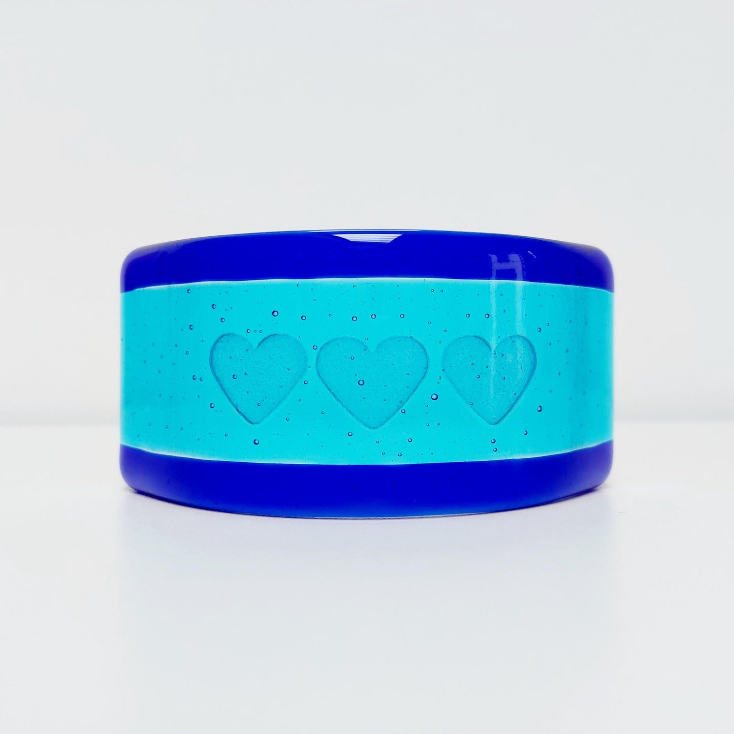 Turquoise Glass Heart Curve with Cobalt Accents, Handmade Blue Glass Art Ornament with a Trio of Kiln Carved Hearts, Turquoise Décor