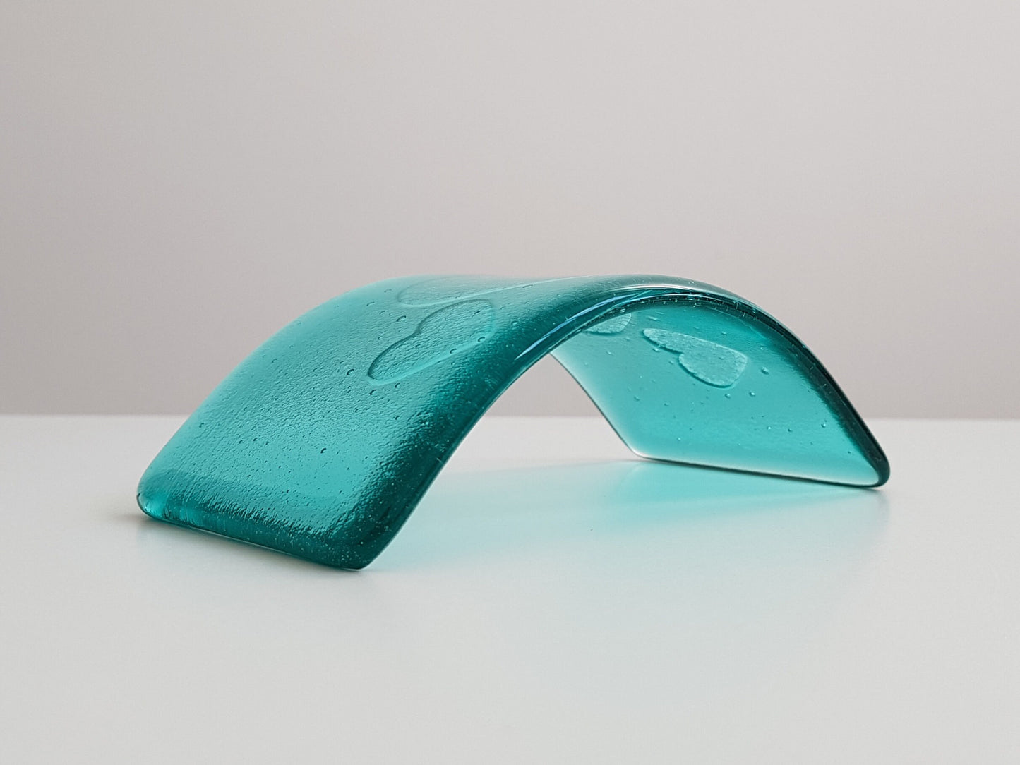 Aqua Glass Heart Ornament, Handmade Fused Glass Curve