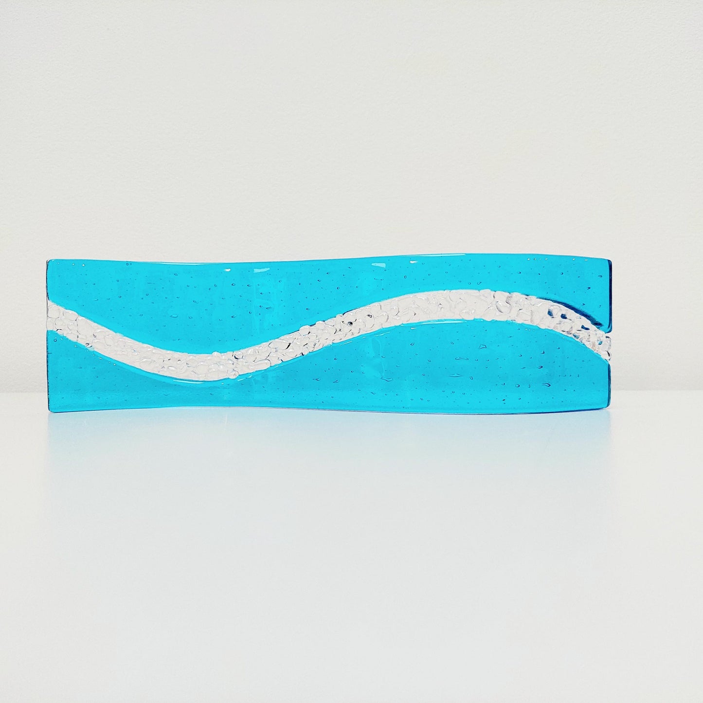 Abstract Turquoise Glass Art Wave, Handmade Turquoise and Crystal Clear Fused Glass Ornament, Minimalist Turquoise Décor, Beach House Décor