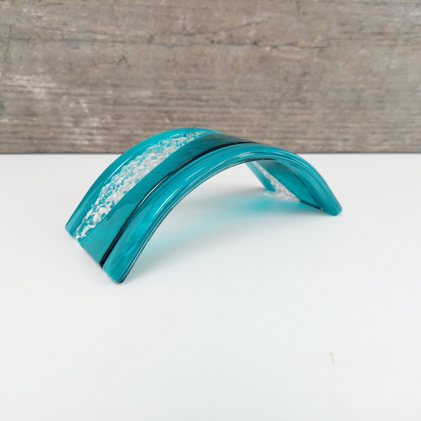 Artisan Teal Fused Glass Curve, Handmade Teal Glass Art Mantlepiece Ornament, Teal Living Room Décor, Freestanding Teal Glass Candle Screen