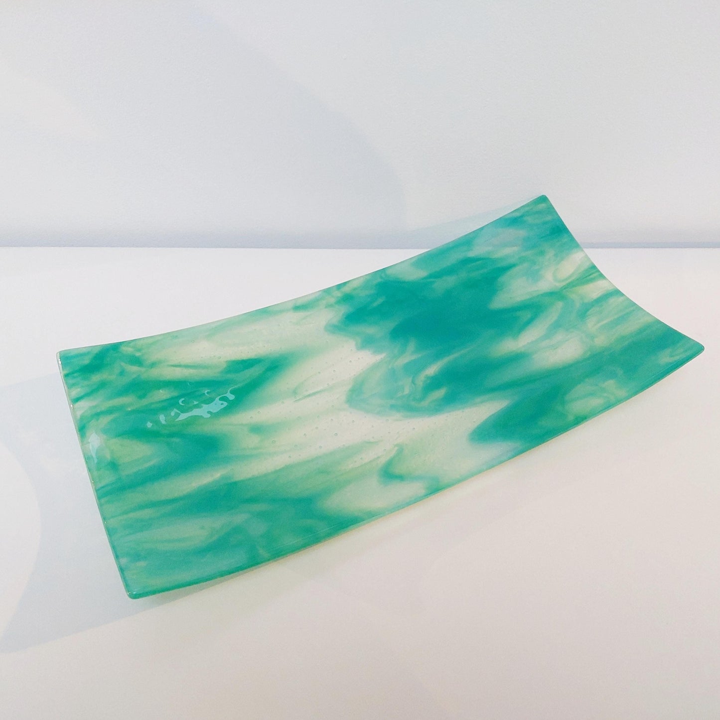 Rydal Water Glass Art Platter, Large Green and Teal Opaline Plate