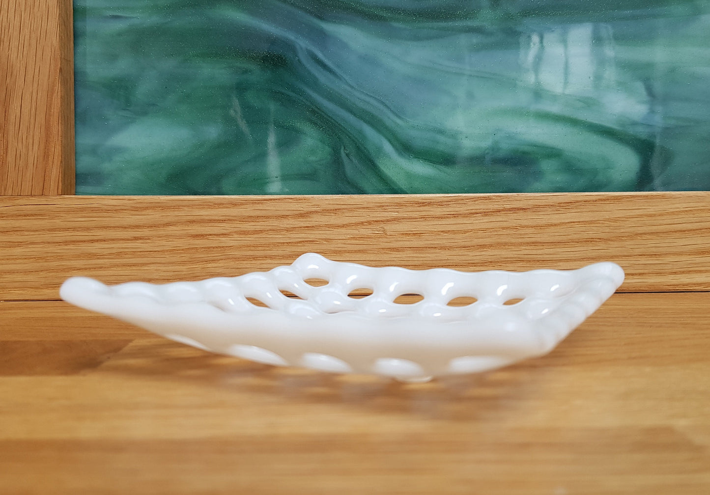 Handmade White Glass Soap Dish with Holes, Monochrome Bathroom Decor
