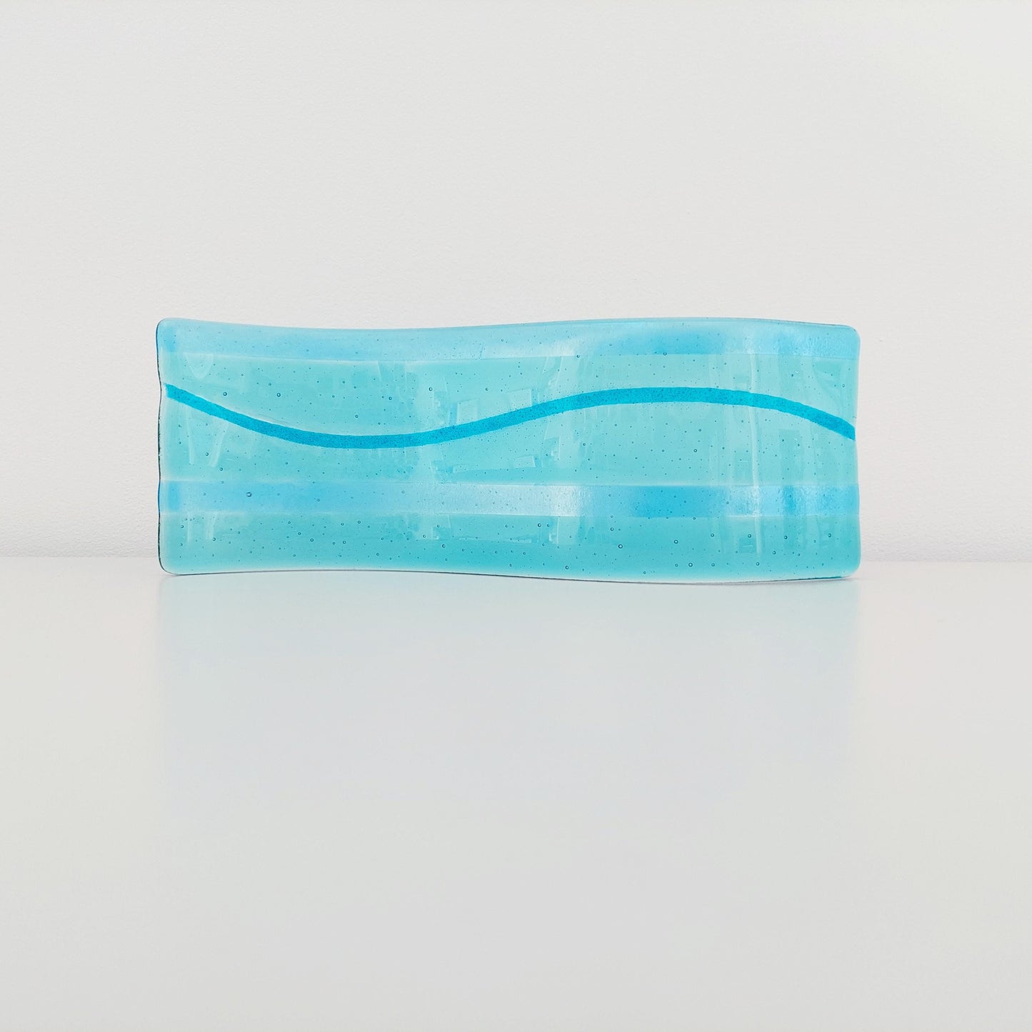 Aqua and Turquoise Glass Wave, Handcrafted Minimalist Fused Glass Art Ornament, Unusual Bathroom Shelf Ornament, Turquoise Bathroom Décor
