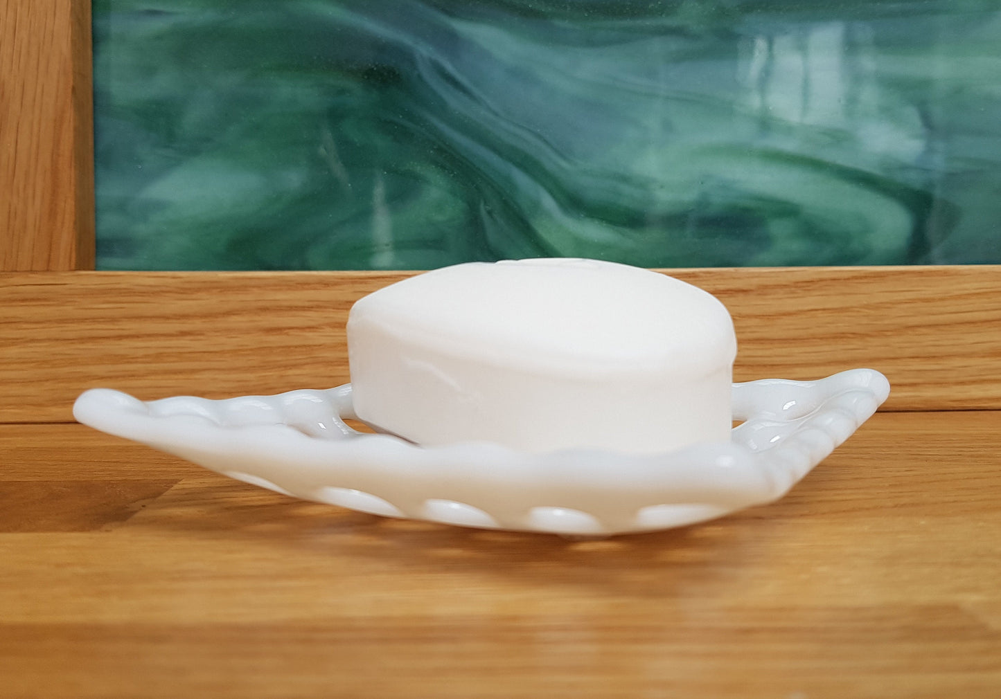 Handmade White Glass Soap Dish with Holes, Monochrome Bathroom Decor