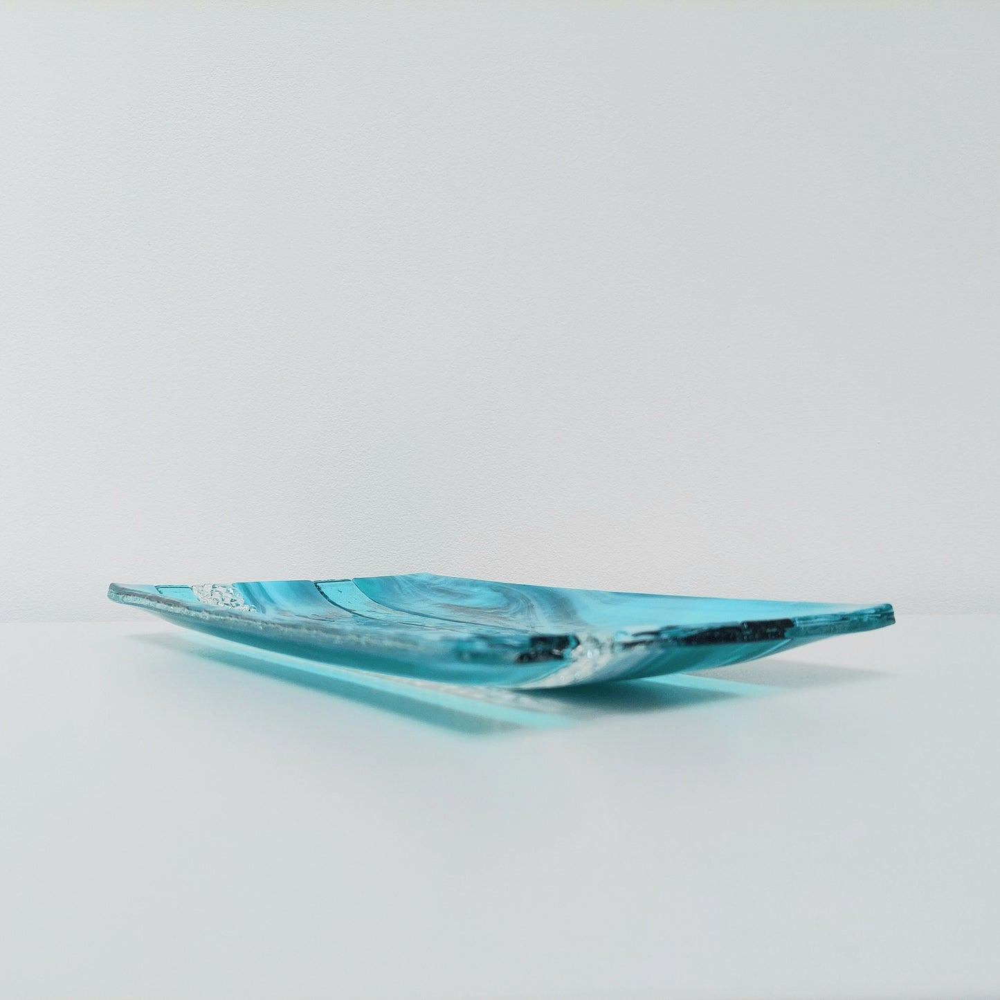Teal and Aqua Glass Art Plate, Handmade Textured Fused Glass Decorative Tray, Artisan Teal Coffee Table Centrepiece, Beach House Décor