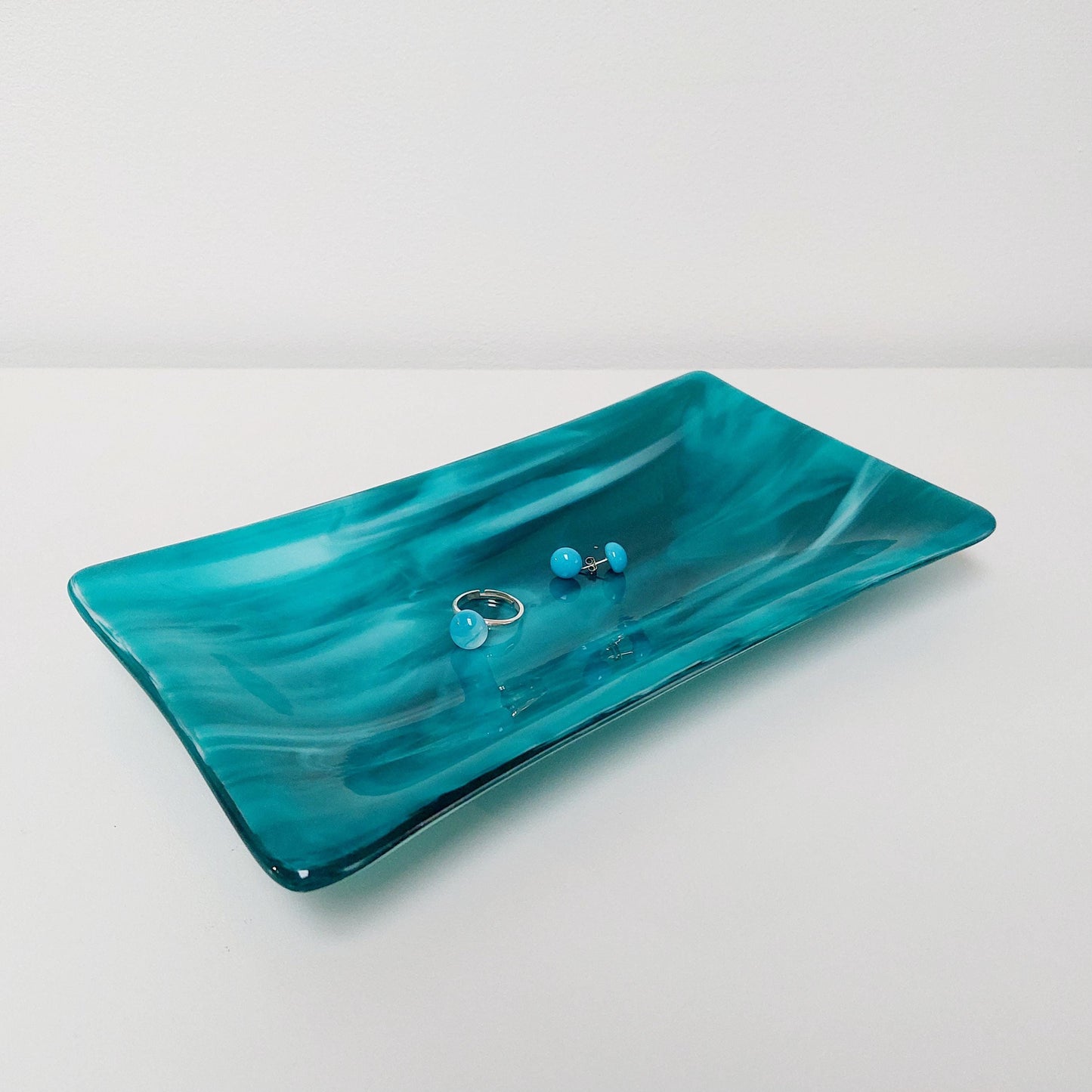 Handmade Teal Fused Glass Platter, Coffee Table Trinket Dish
