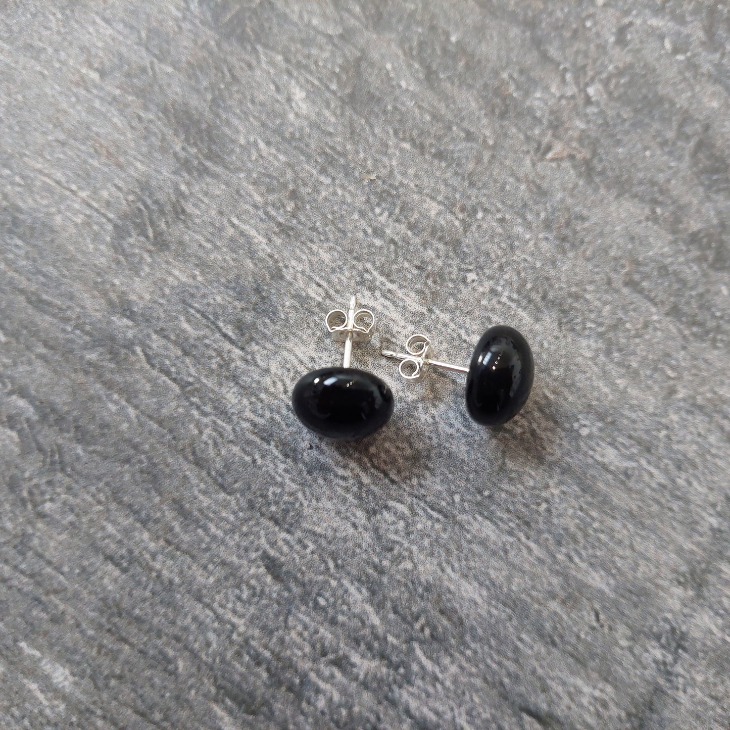 Minimalist Black Glass Stud Earrings, Handmade Fused Glass Studs with Sterling Silver Posts and Butterflies, Small Monochromatic Earrings