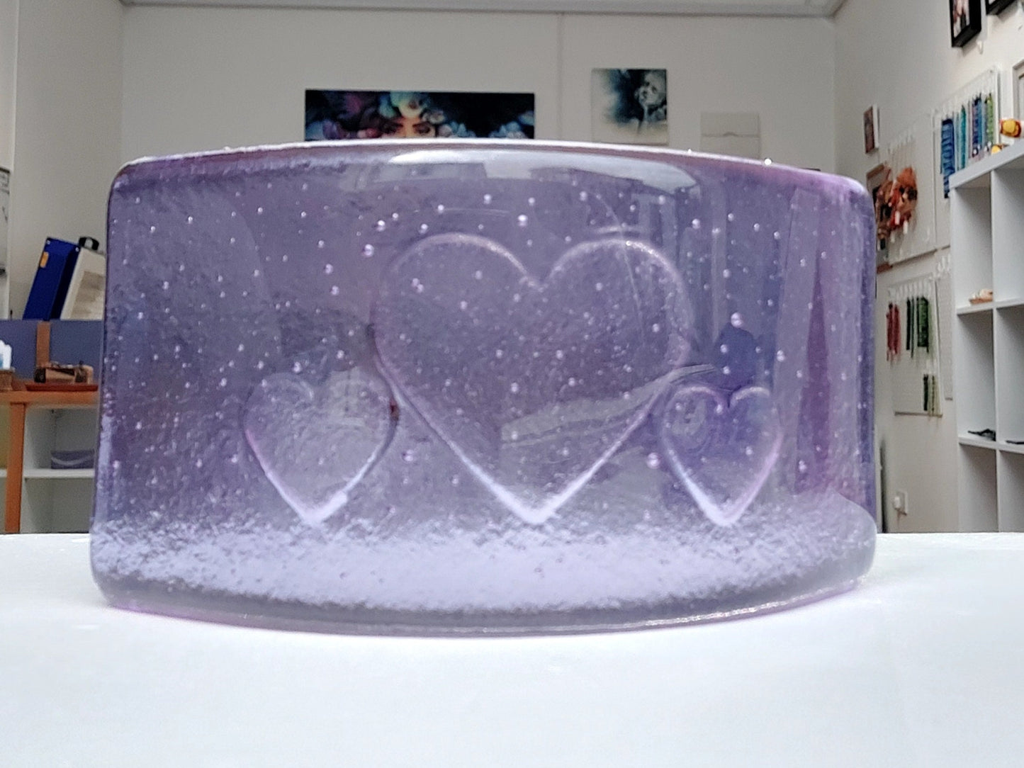 Lilac Glass Heart Ornament, Handmade Light Purple Fused Glass Curve with a Trio of Kiln Carved Hearts, Lilac Bedroom Décor, Gift for Her