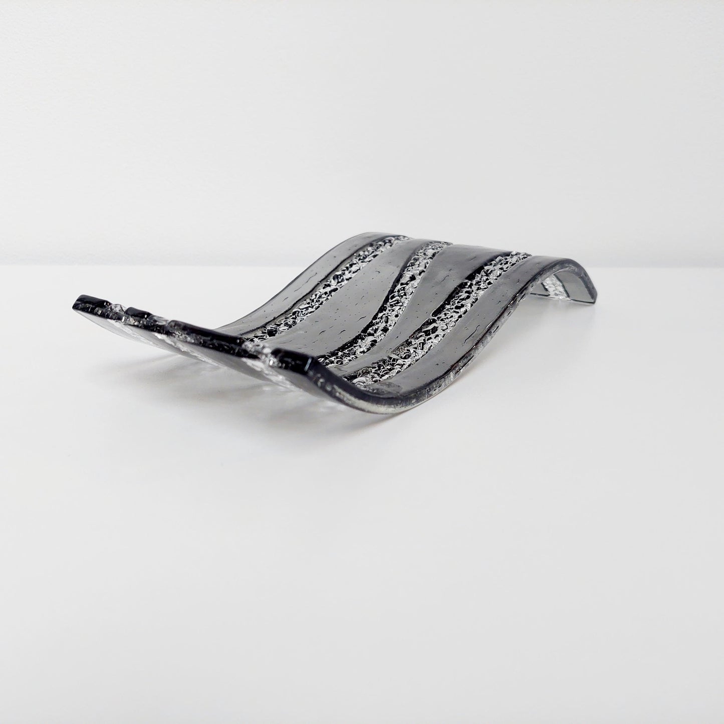 Silver Grey Glass Art Wave, Monochrome Mantlepiece Ornament