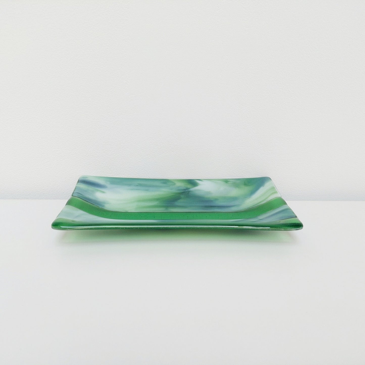 Spring in the Lakes Green Glass Art Plate, Handmade Fused Glass Decorative Tray