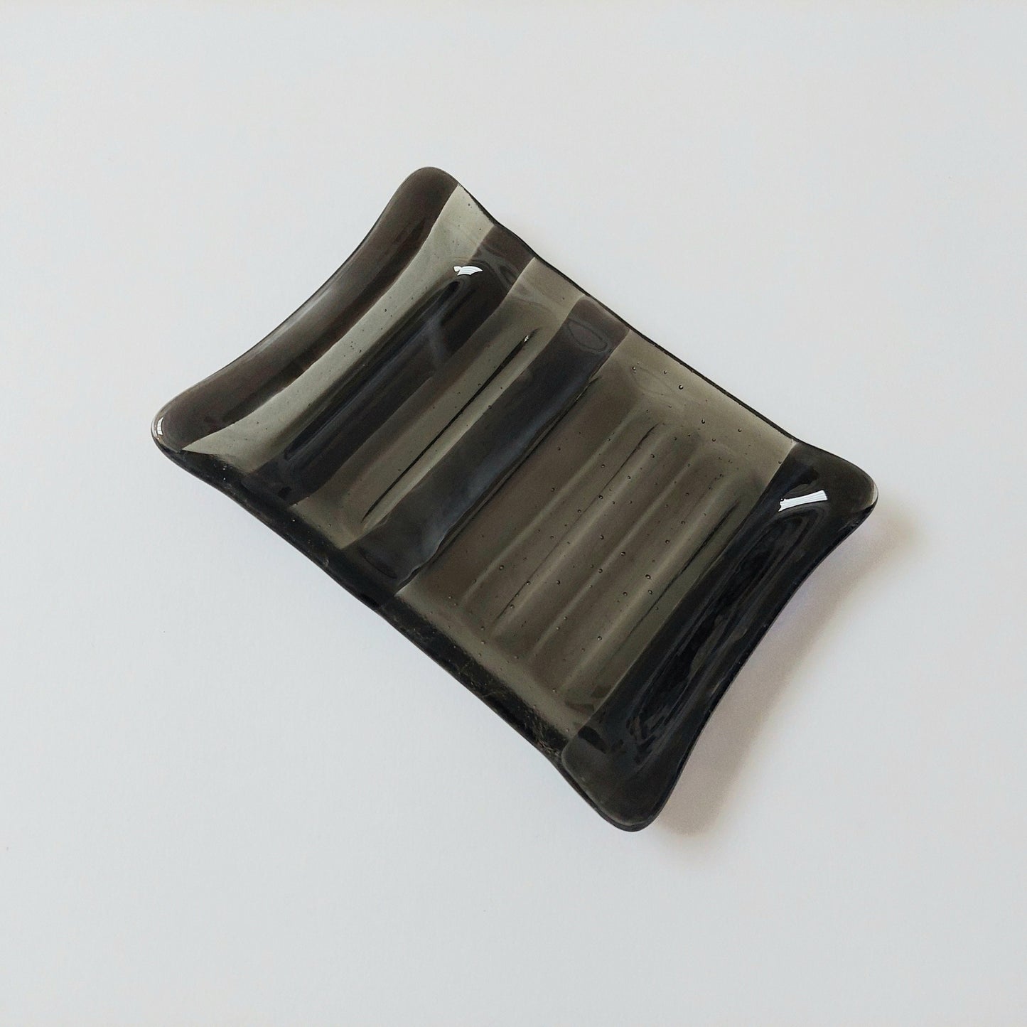 Handmade Grey Glass Soap Dish with Ridges