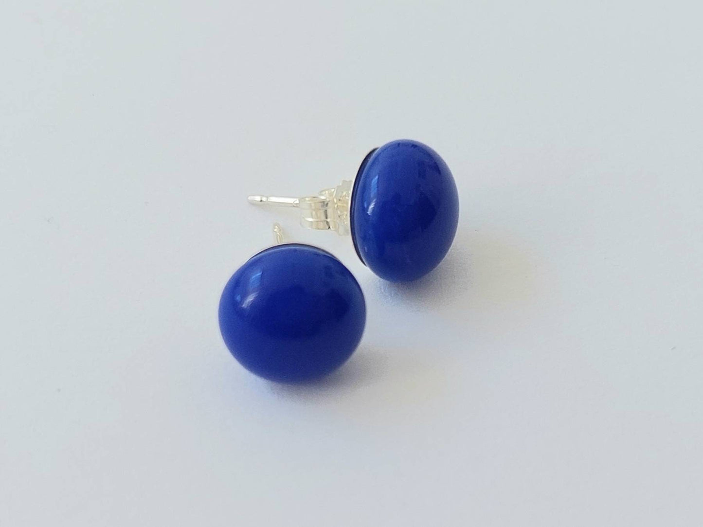 Cobalt Blue Glass Stud Earrings, Handmade Dark Blue Fused Glass Studs with 925 Sterling Silver Posts and Butterflies, Elegant Blue Earrings
