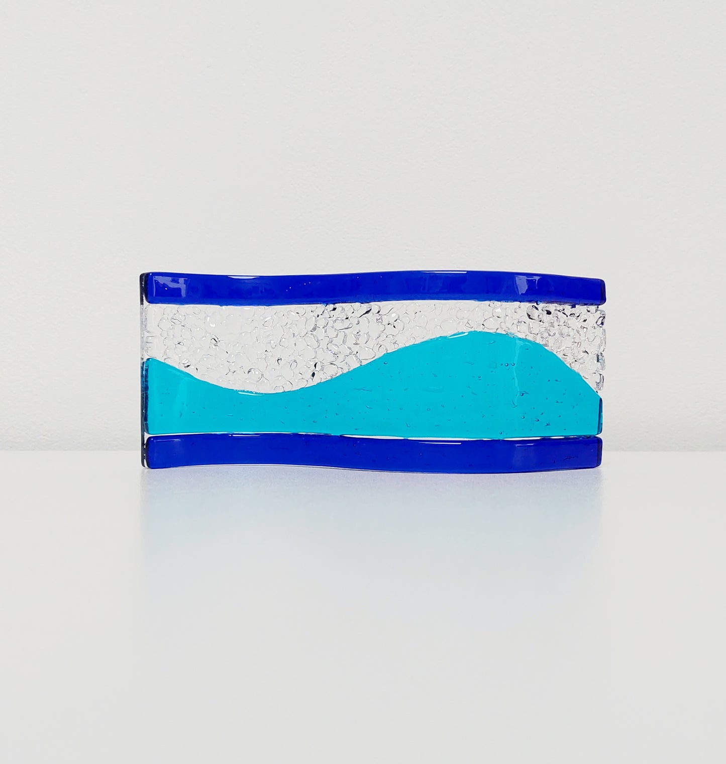 Turquoise and Cobalt Glass Wave, Small Handcrafted Fused Glass Art Ornament