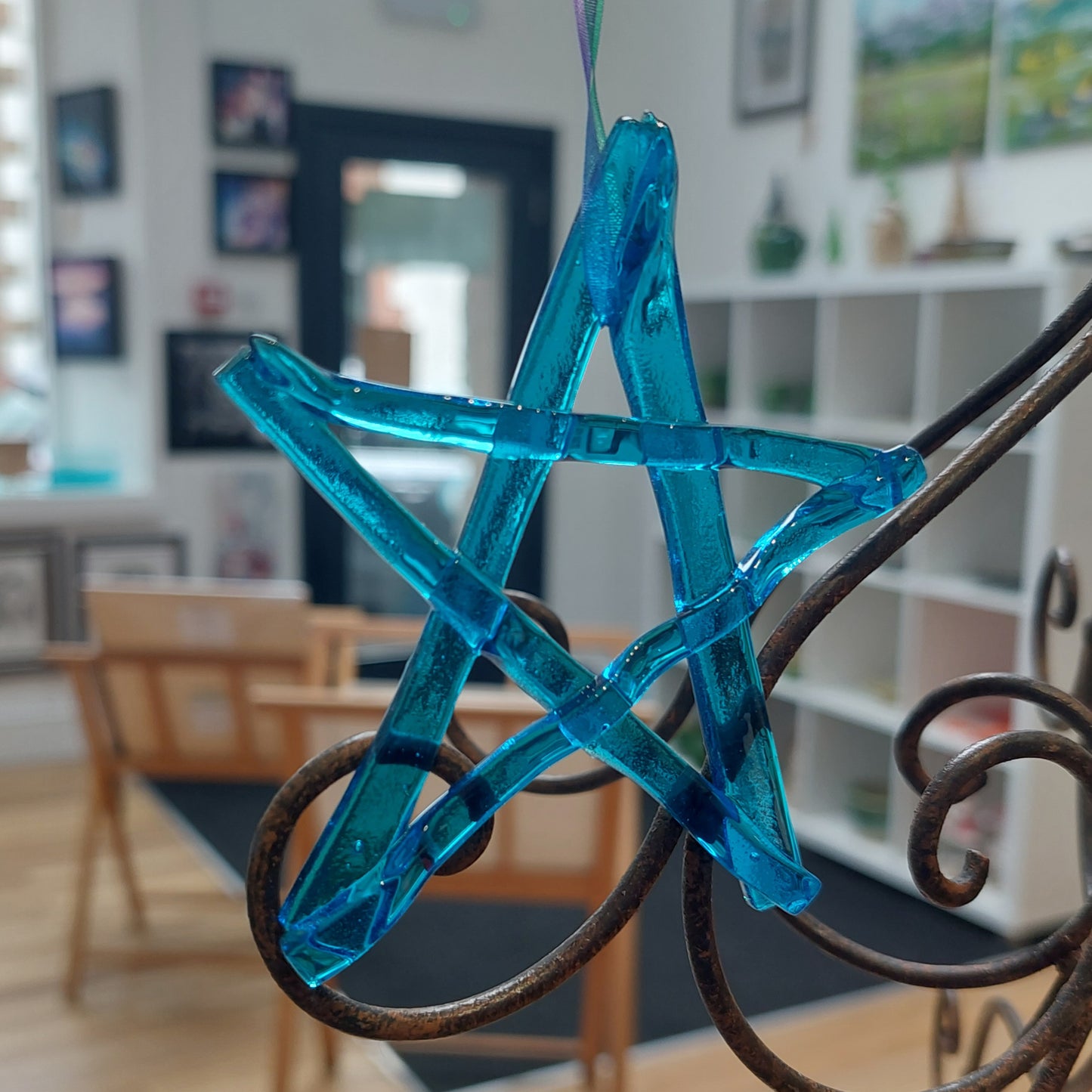 Turquoise Kiln Formed Glass Star, Handcrafted Christmas Tree Ornament