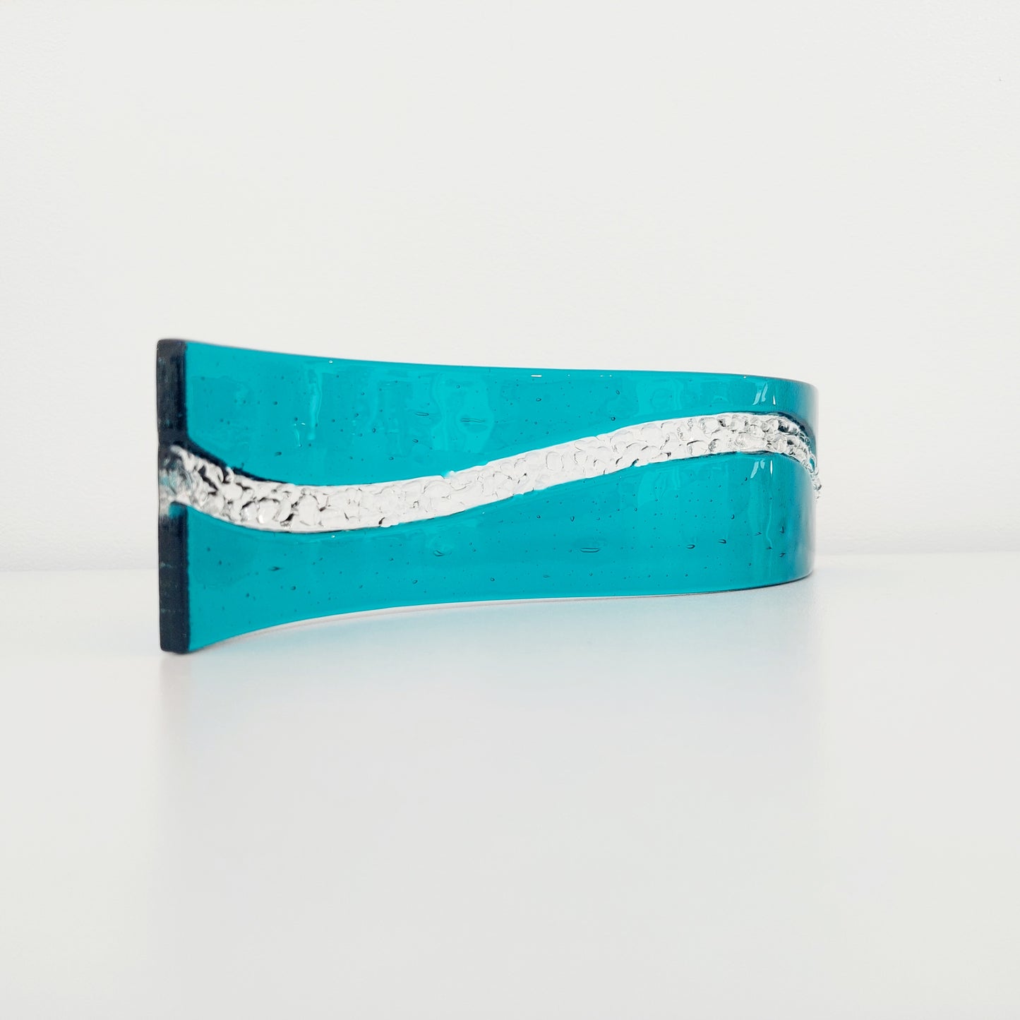 Abstract Teal Glass Art Wave, Contemporary Fused Glass Ornament