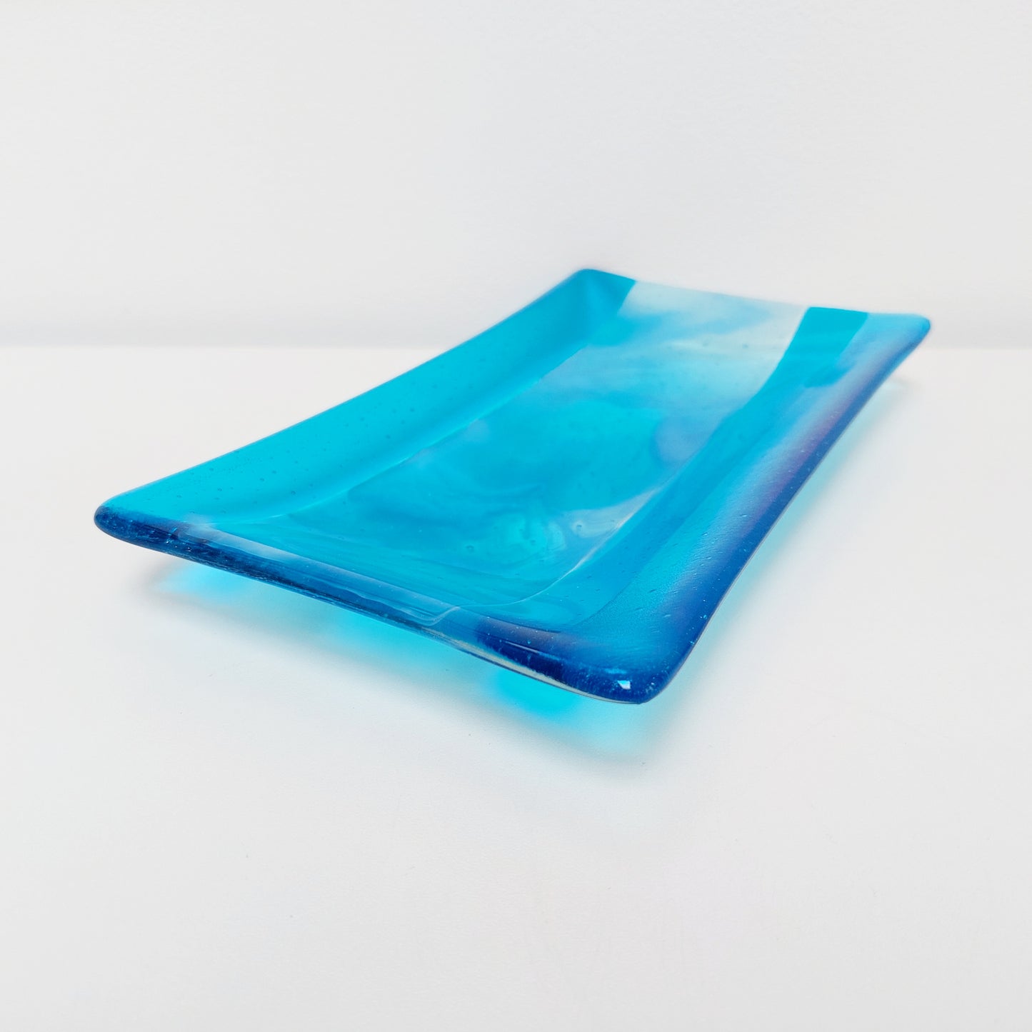 Winter in the Lakes Glass Art Platter, Turquoise Artisanal Glass Plate, Large Handmade Blue Glass Trinket Dish, Turquoise Décor