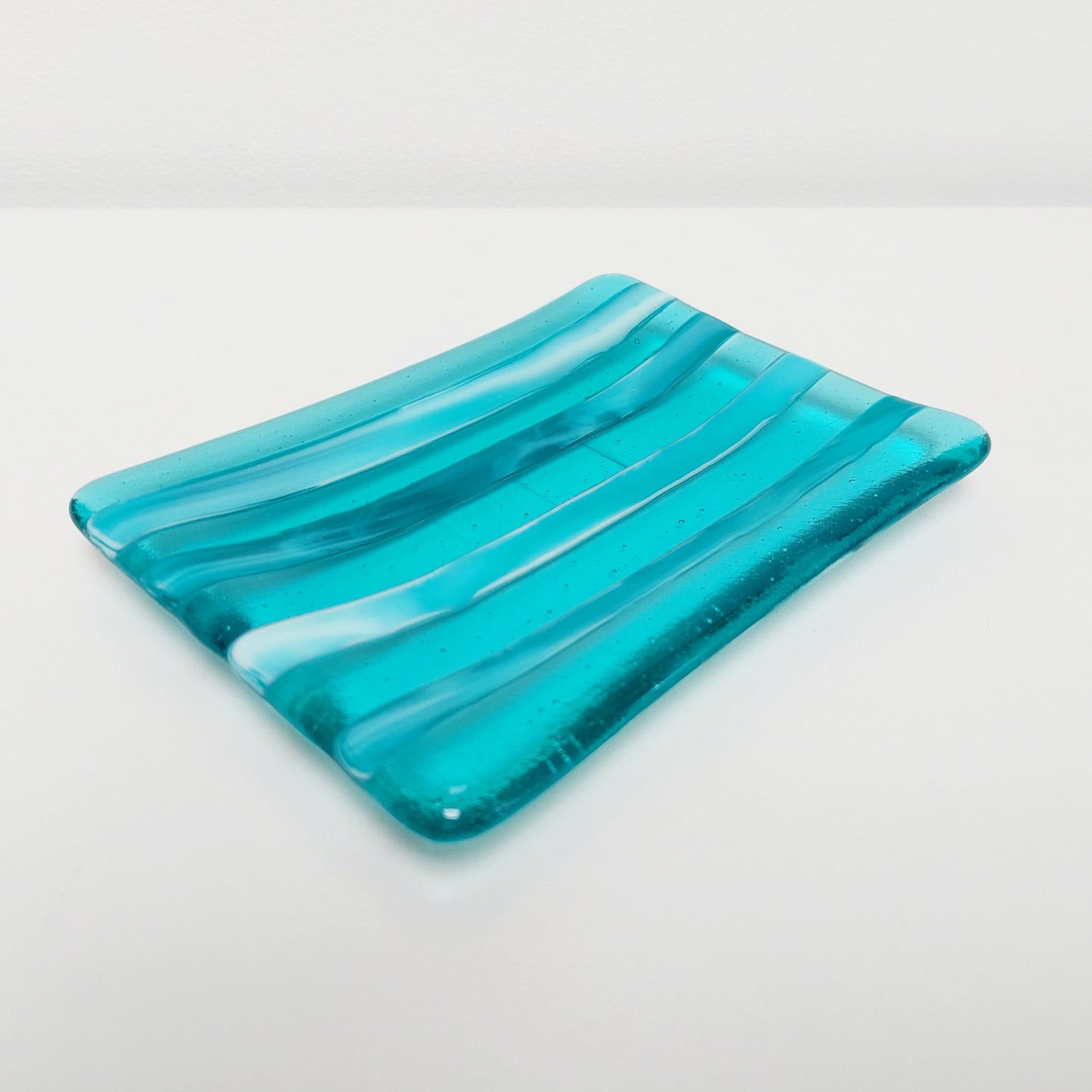 Aqua and Teal Glass Art Plate, Handcrafted Kiln Formed Trinket Dish