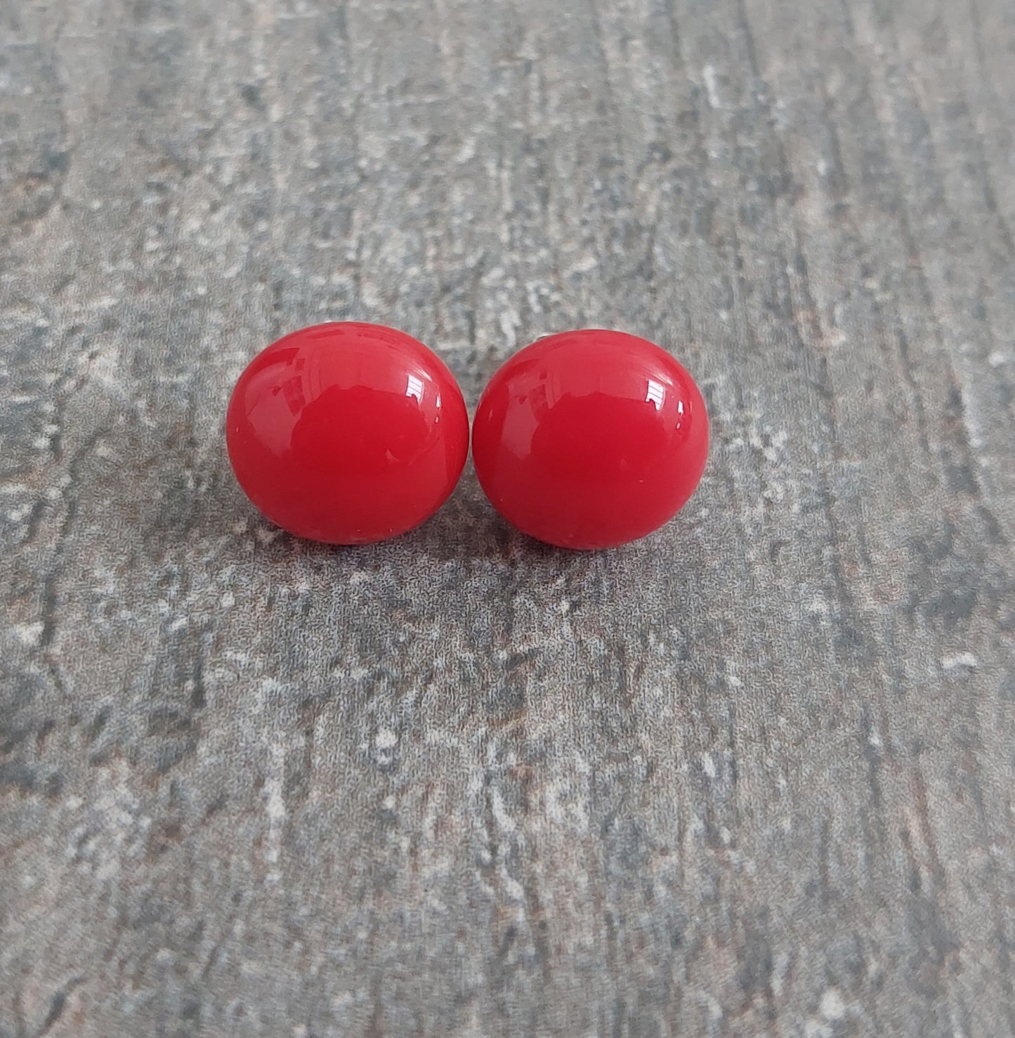 Red Fused Glass Stud Earrings with Sterling Silver Posts: 12 mm