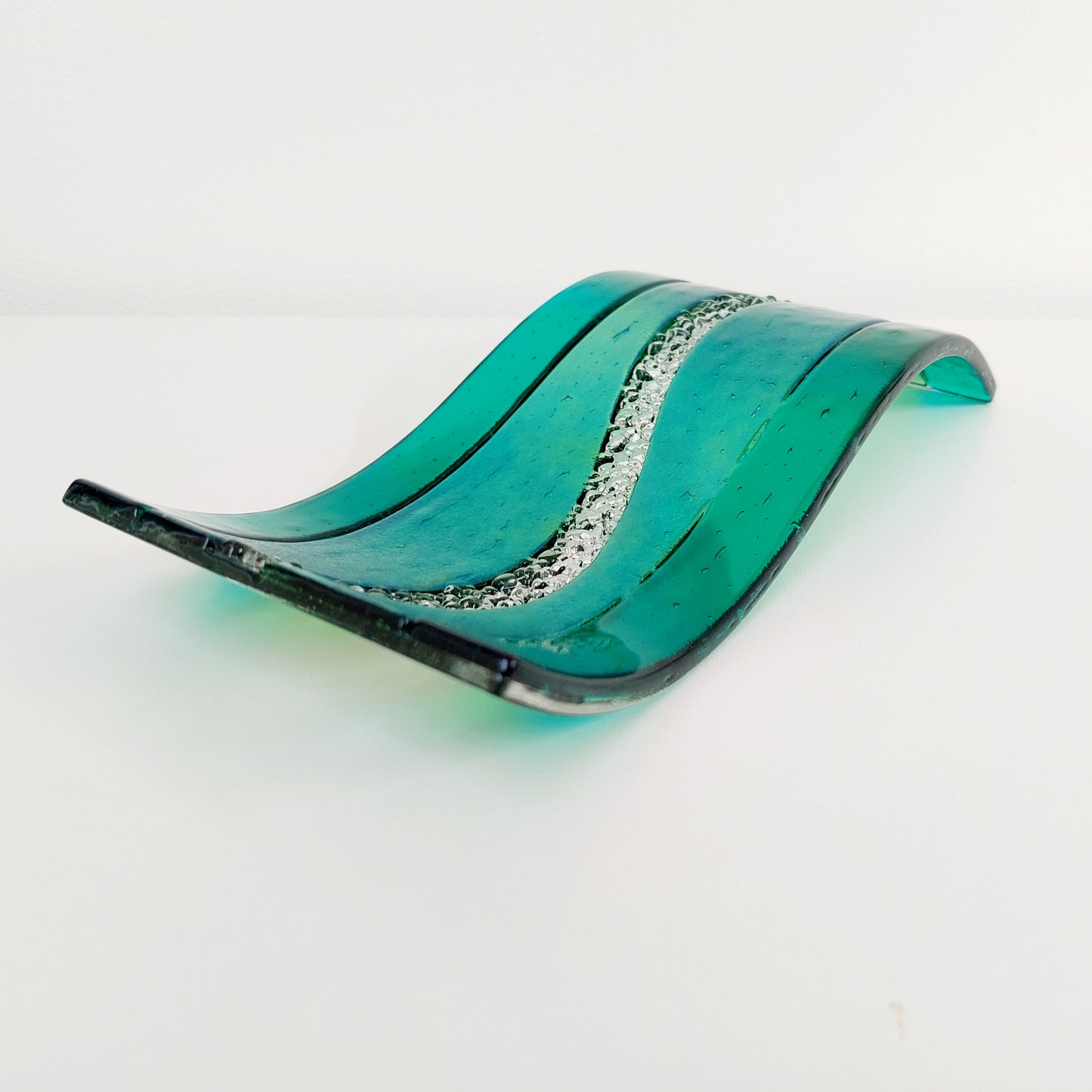 Emerald & Iridescent Light Green Glass Art Wave