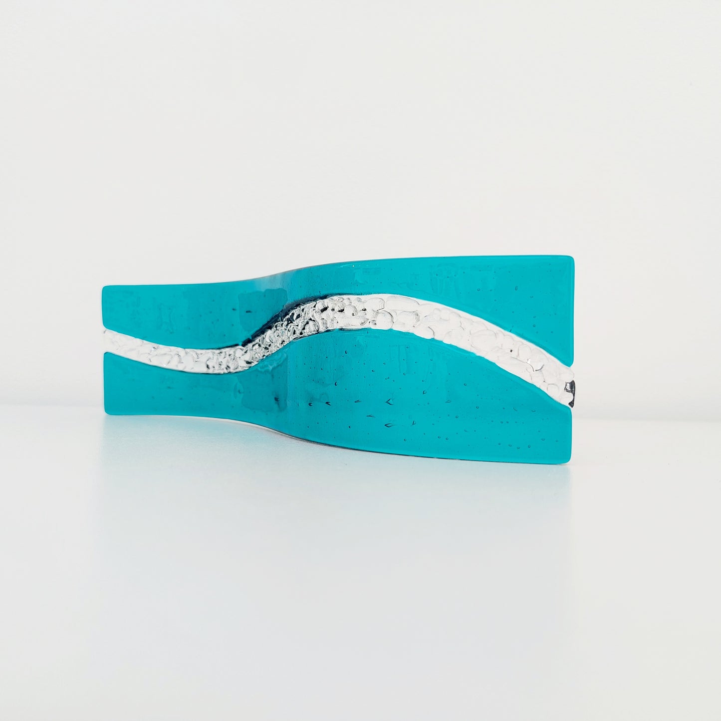 Abstract Teal Glass Art Wave, Contemporary Fused Glass Ornament