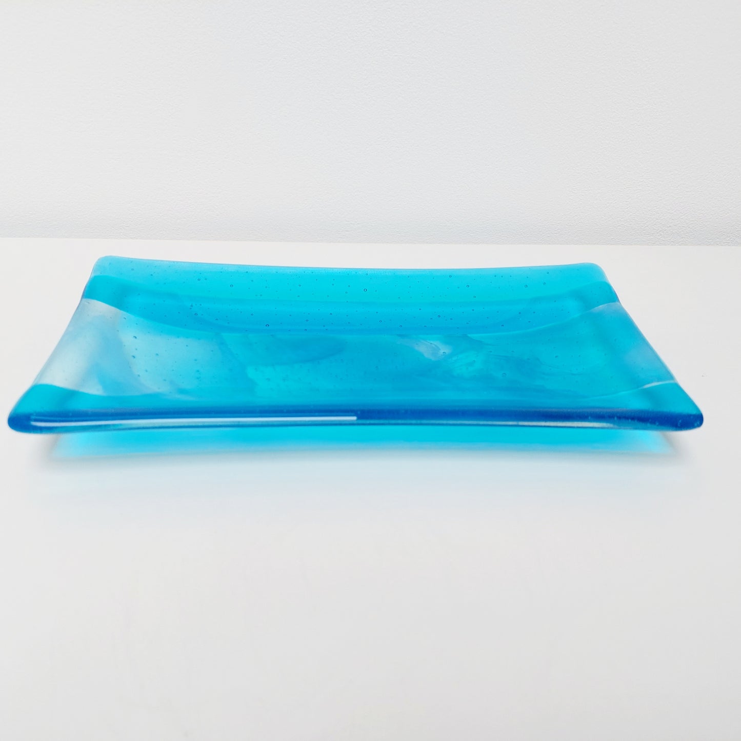 Winter in the Lakes Glass Art Platter, Turquoise Artisanal Glass Plate, Large Handmade Blue Glass Trinket Dish, Turquoise Décor