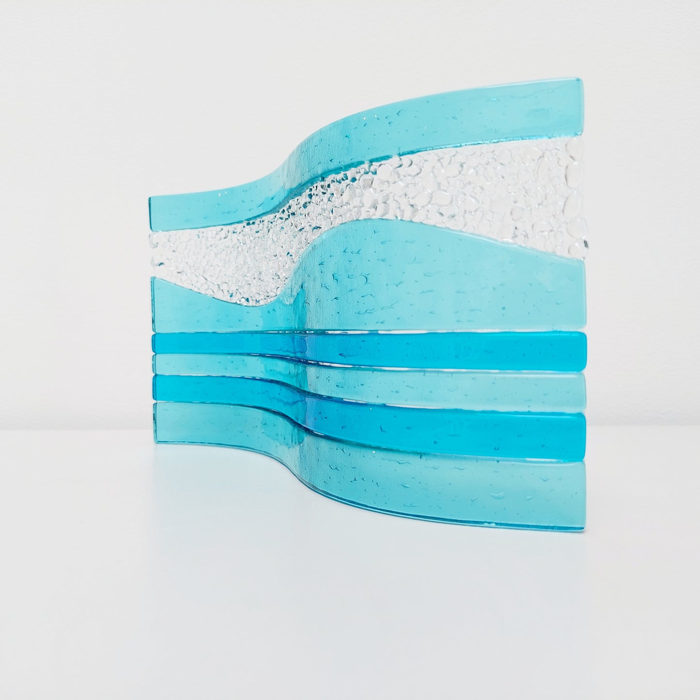 Large Aqua Glass Art Wave with Turquoise Accents, Handmade Textured Fused Glass Ornament, Aqua Décor, Beach House Décor, Lake District Gift